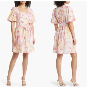ELIZA J Floral Eyelet Square Neckline Puff Sleeve Mini Pink Dress Size 2